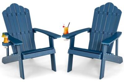Costway 2 Pieces Adirondack Chair Set with Ergonomic Design for Porch and Backyard-Navy