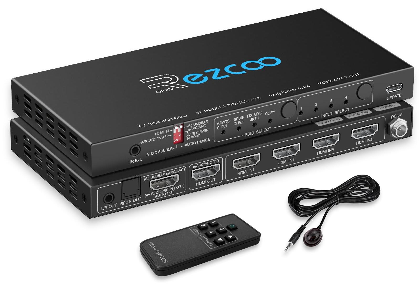 Selius HDMI Switch 4x1 met HDMI 2.1 eARC Audio Extractor - 4K 120Hz 8K VRR - Zwart
