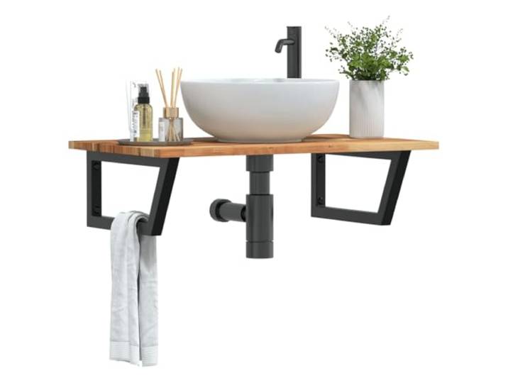 WXGTBKPR Waschbeckenregal Wandmontage 100x50cm Akazienholz Schwarz, Schweberegal Badezimmer Waschtischplatte mit Stahlhalterungen, Platzsparende Ablage