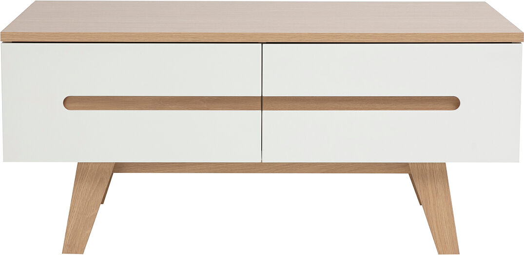 Miliboo Weißer, glänzend lackierter Couchtisch mit hellem Holzfinish, 4 Schubladen, L100 cm MELKA