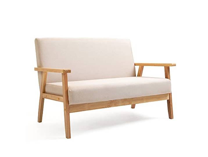 Mingone 2 Sitzer Sofa Gepolstert Skandinavisch Massivholz Weiß Leinenstoff, Für Wohnzimmer Schlafzimmer, Bis 250kg Belastbar