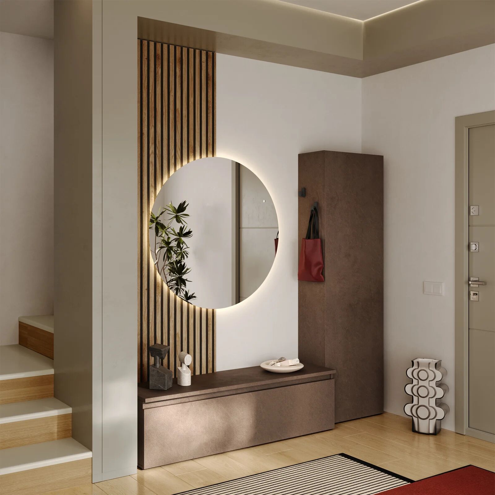 garneroarredamenti Mobile ingresso 193x220h cm pannello cannettato marrone bronzo rovere chiaro Sunset Decor 1015