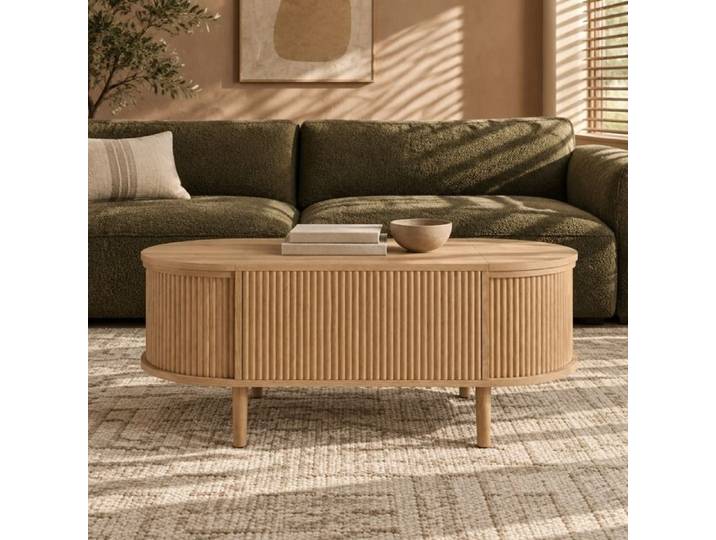 QAVRYL Table basse ovale relevable 100 x 48 cm avec rangement MDF décor chêne