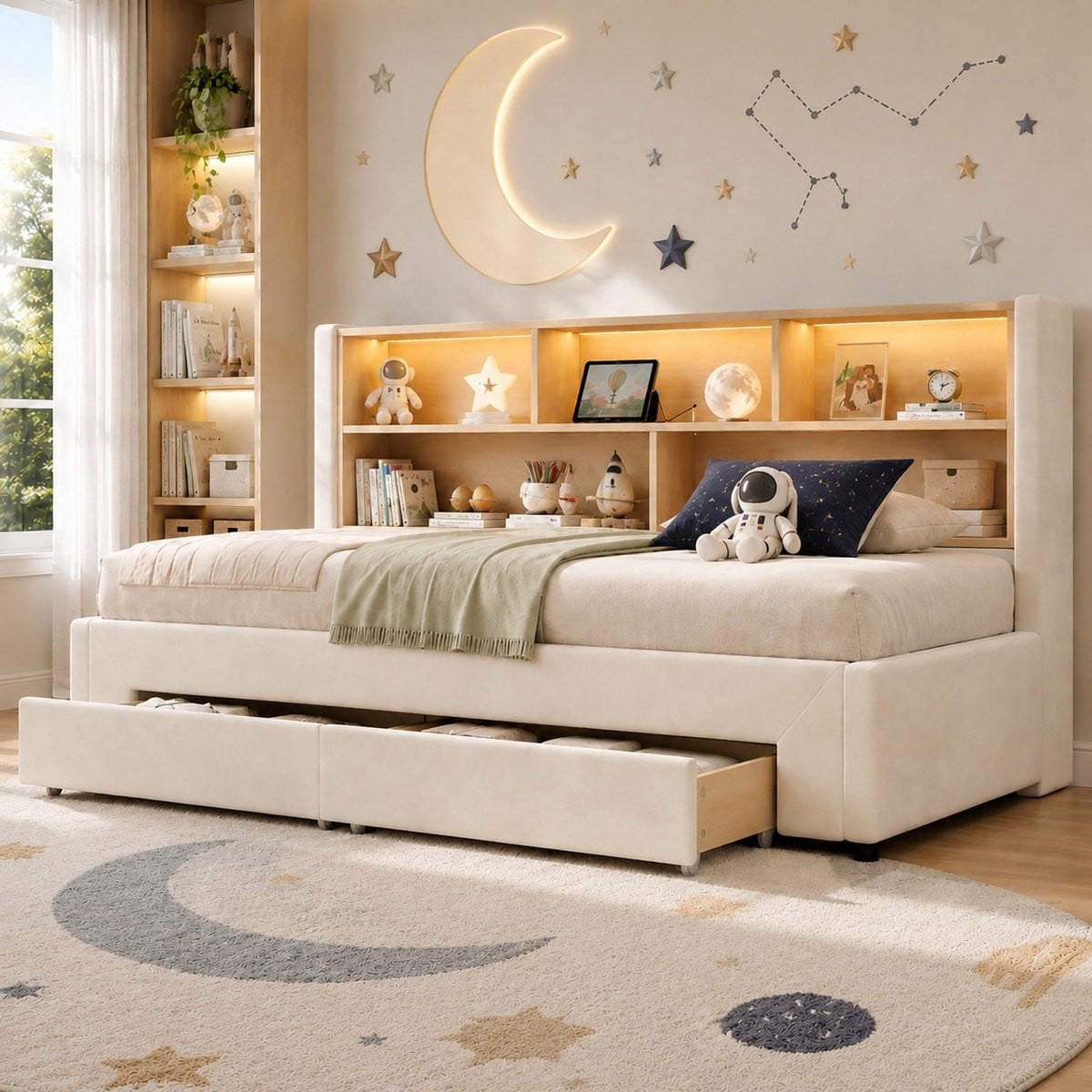 HAUSS SPOLE Uittrekbaar Slaapbed met USB, LED-verlichting en Opberglades, Beige, 90 x 200 cm