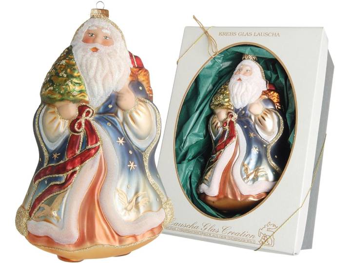 Christbaumschmuck KREBS GLAS LAUSCHA Weihnachtsmann mit Baum, Weihnachtsdeko, Christbaumschmuck , bunt, H:17cm Ø:10cm, Glas, Weihnachtsbaumschmuck, Christbaumschmuck, mundgeblasen