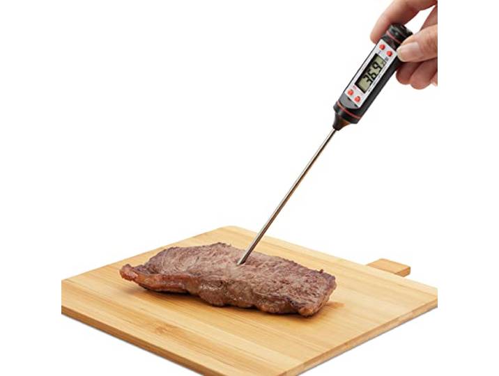 Relaxdays Thermomètre de cuisine numérique avec dragonne Écran LCD Poêle Grill Inox Pieds Argent/Noir