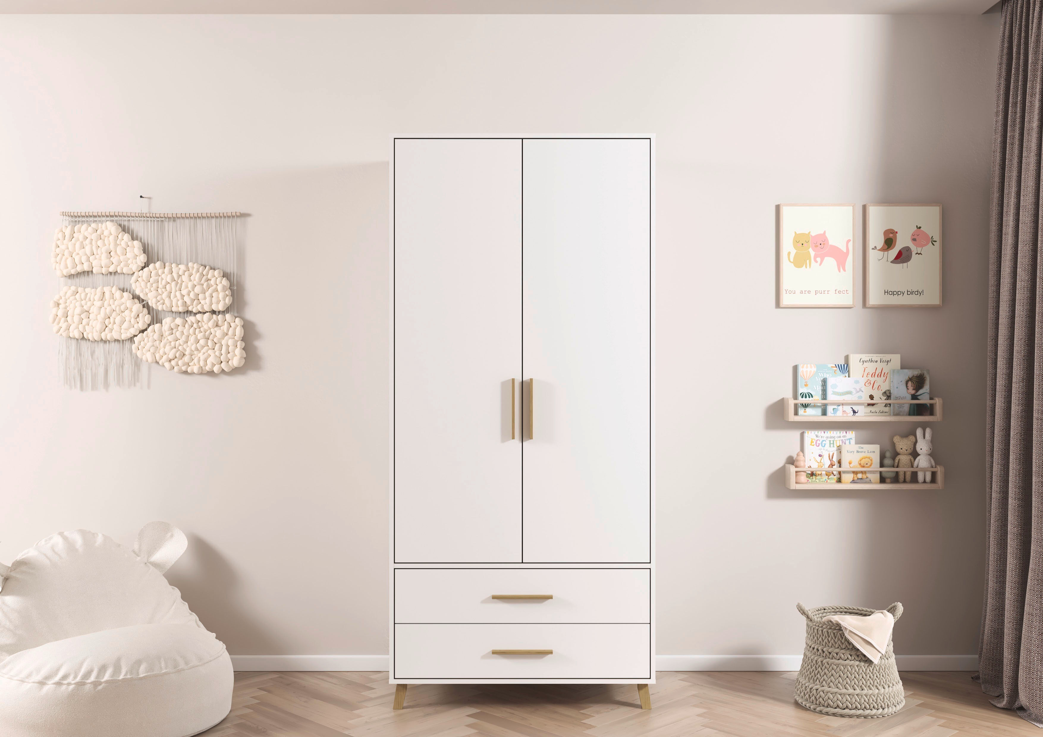 rauch "Kleiderschrank Schrank Garderobe SHINJO Breiten 93/140/187 cm" in 3 verschiedenen Ausstattungen BASIC/CLASSIC/PREMIUM, Griffe und Füsse aus Massivholz mit 2 Schubladen MADE IN GERMANY alpinweiß B/H/T: 93cm x 203cm x 53cm, Basic