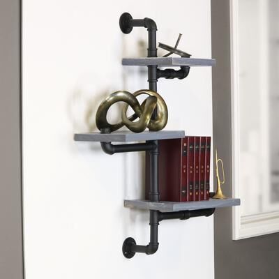 Weatherd Grey Wood and Black Metal Pipe Wall Shelves