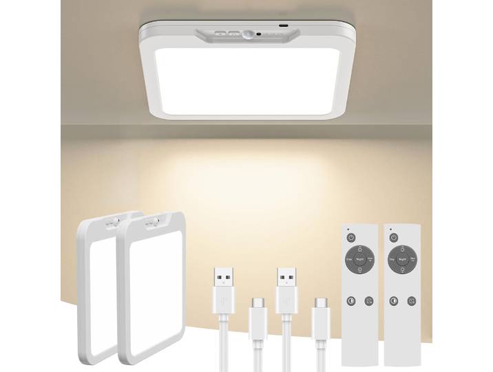 Plafonnier Rechargeable avec télécommande, fonctionne à piles, avec capteur de mouvement, 3 températures de couleur magnétiques, 2 pièces/1 pièce