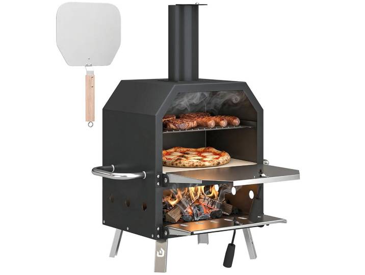 ComfortXL Pizzaofen De-13887 2‑stöckig mit Holzkohle- und Holzbetrieb Schwarz, Metall, 47x66x55.5 cm, Grills, Holzkohlegriller