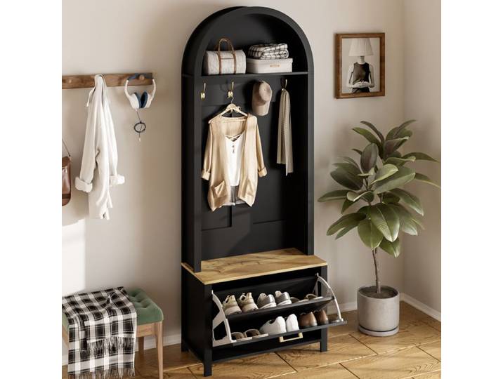 Armoire multifonctionnelle - Design moderne - MDF - Crochets en aluminium - Couleur bois + Noir