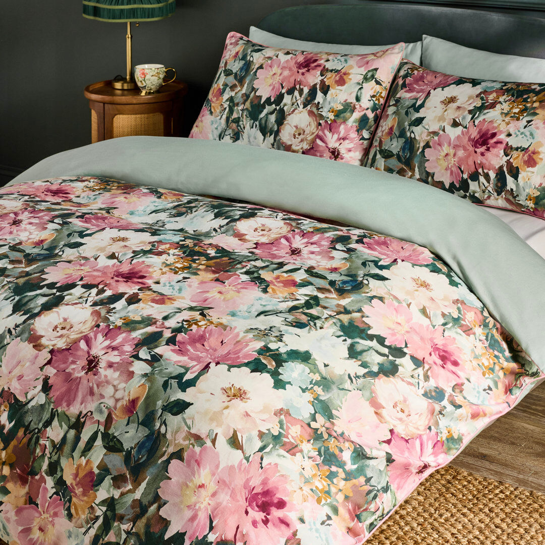 Clarke & Clarke Tahiti Bedding Green;Pink Double Bed Duvet Cover + 2 Standard Pillowcases