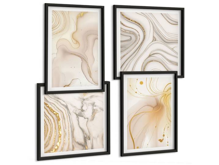 BILDER SET 4er Set - 50x50 cm & 40x60 cm Schwarzer Rahmen - Subtile abstrakte Muster