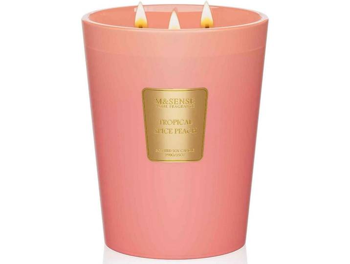 Duftkerze Tropisch-würziger Pfirsich 990g 3-Docht 150h Brenndauer, Rosa, Paraffin, 16 cm, Dekoration, Kerzen & Kerzenhalter, Duftkerzen