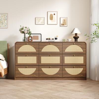 Loedds Modern 9-Drawer Wide Dresser with Rattan Fronts and Large-Capacity Storage