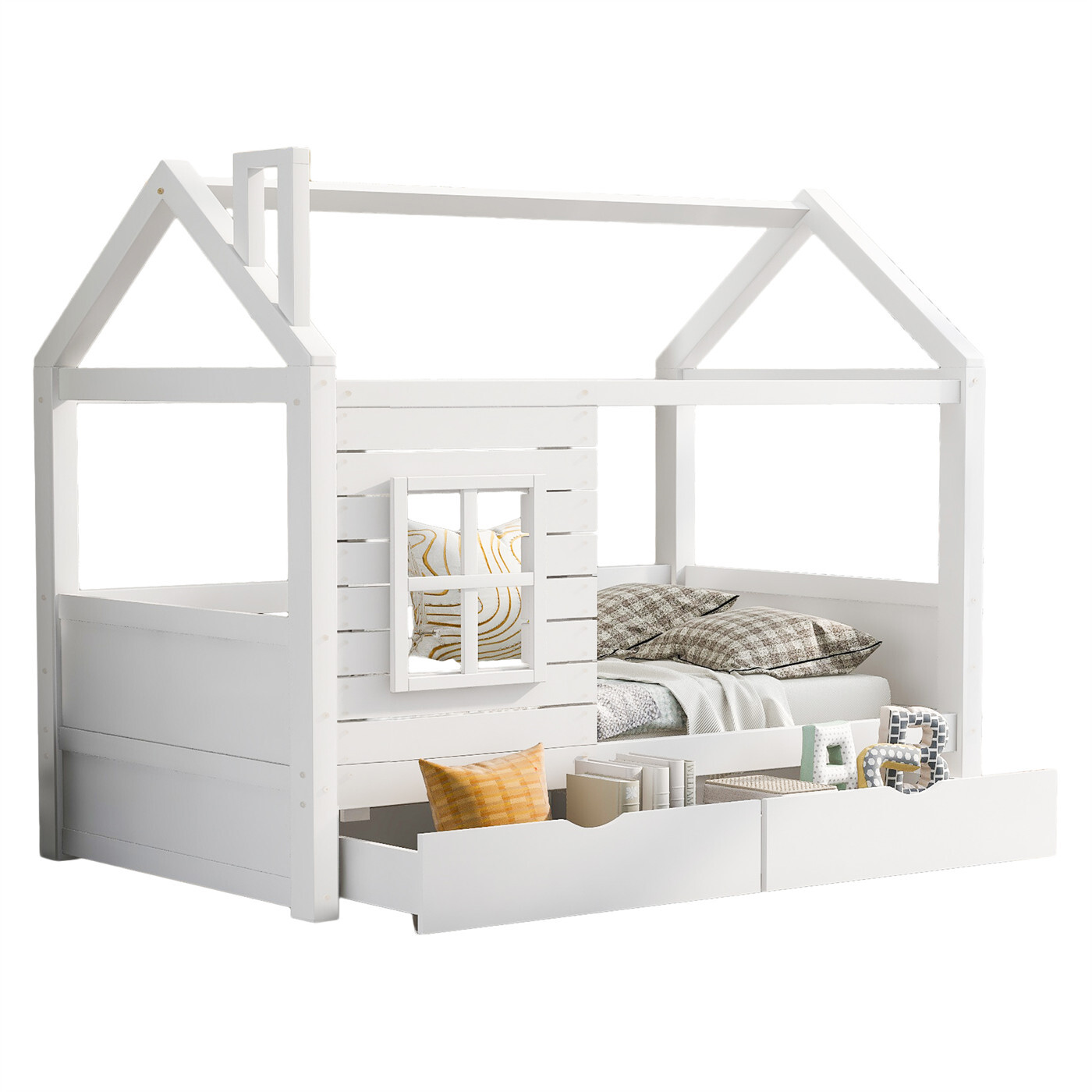 Hausbett Kinderbett Jugendbett mit Rausfallschutz vielseitiges Holz,Massivholz Bett mit Rausfallschutz Fenster und Lattenrost, Weiss