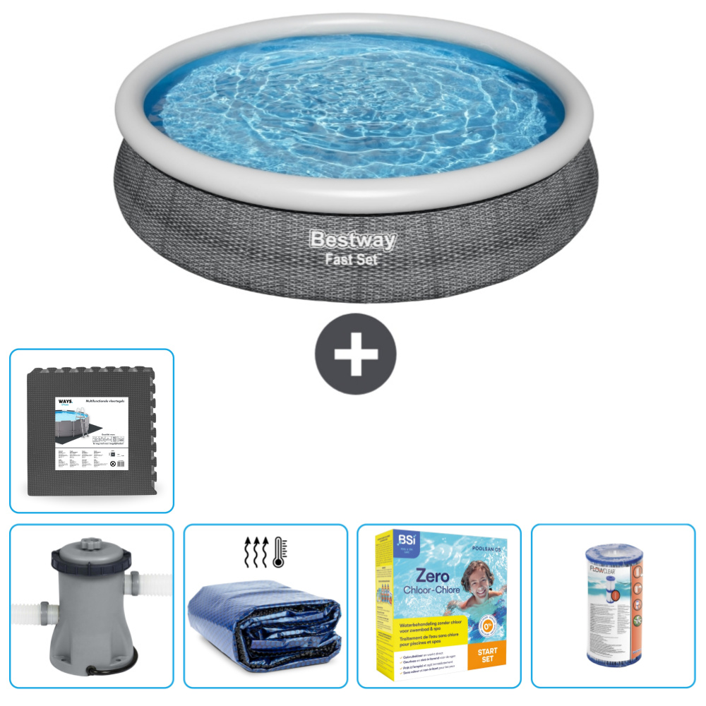 Bestway runder aufblasbarer Fast-Set-Pool - Rattan-Druck - 366 x 76 cm - inklusive Pumpe Sonnensegel - Wartungspaket - Filter - Bodenfliesen