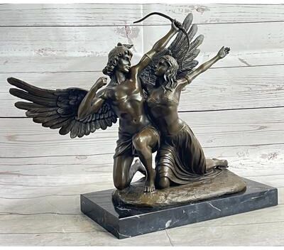 Bronzhaus Romantic Bronze Sculpture Of Winged Lovers On Marble Base Zephyrus Psyche Mythical