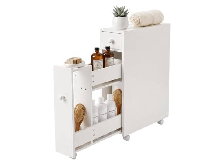 Relaxdays Meuble étroit à roulettes\, tiroir+étagères\, aggloméré Blanc pour salle de bains & cuisine\, HxLxP 58x48x16 cm