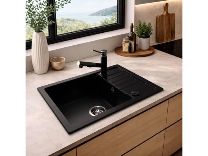 MIT ARMATUR - LINDBERGH® Granit Spüle + kompl. Siphon und Imprägnierung mit Abtropffläche, Einbauspüle, Küchenspüle Spülbecken - Verbundstoffe MADE IN GERMANY (SIM44 Schwarz + Armatur 1-Nero)