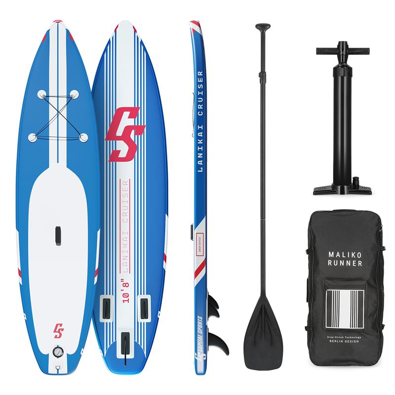 CAPITAL SPORTS Lanikai Cruiser 10.8 aufblasbares Paddelboard SUP-Board-Set ,Set: Board + Paddel + Leash + Rucksack + Pumpe ,Cruiser Shape ,Teleskop-Paddel ,330 x 77 x 15 cm ,Board-Material: PVC mit DropStitch Technology ,55 l Transportrucksack ,Reparaturset ,blau gestreift