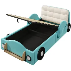 MODFU Polsterbett Flanell Blau 90x200 cm, mit hydraulischem Stauraum, Seitentaschen & Bücherablage, gewerblich geeignet