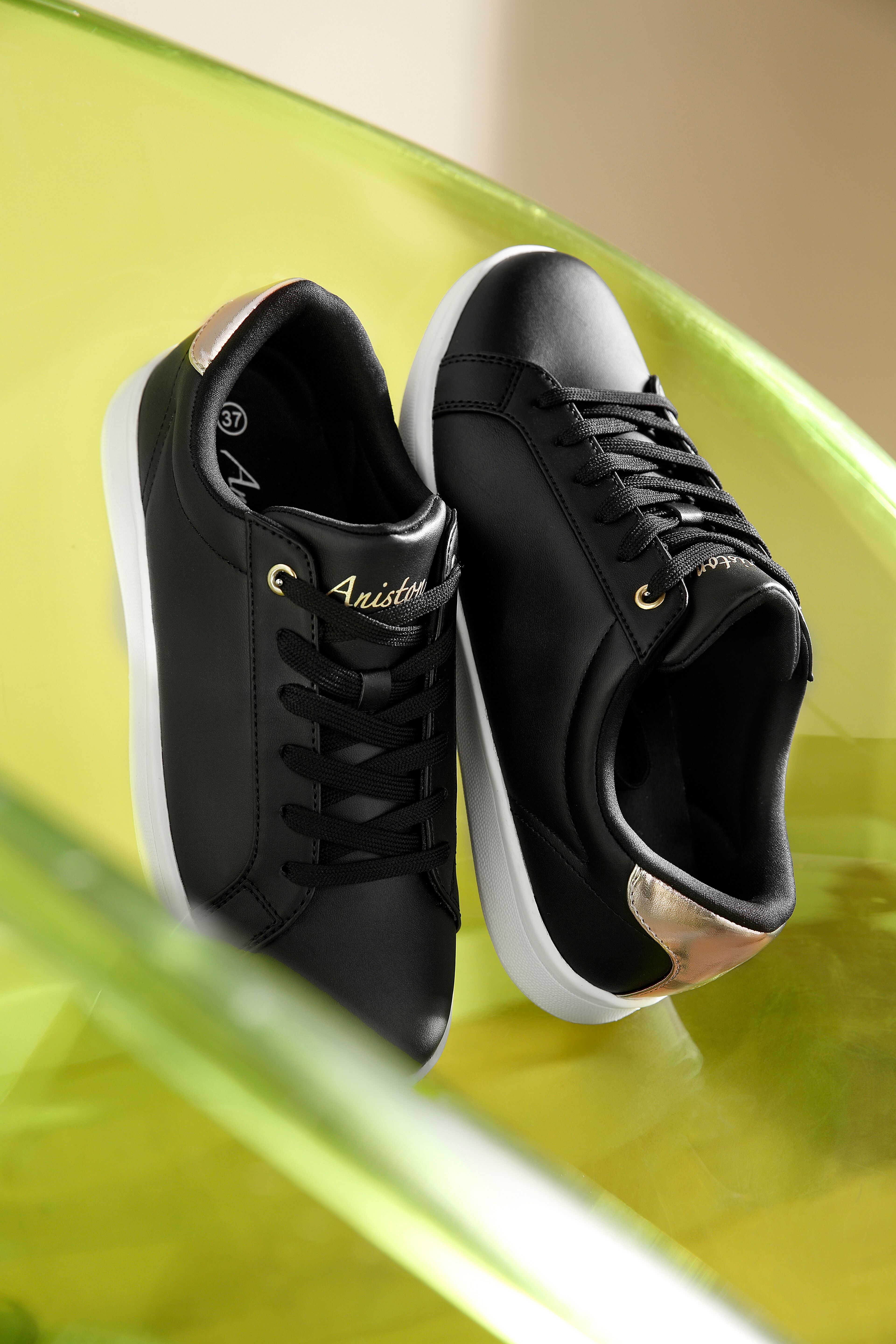 Sneaker ANISTON SHOES, Damen, Gr. 40, schwarz, goldfarben, Lederimitat, Schuhe Sneaker, Schnürschuh, Freizeitschuh mit Metallic-Akzent schwarz, goldfarben 40