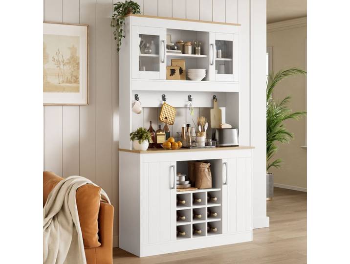 Buffet cuisine 175 cm portes vitrées casier bouteilles barre crochets rangement vaisselle naturel blanc