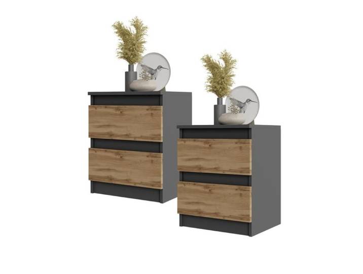 2x Commode GABRIEL – 2 tiroirs – Table de chevet / Table de nuit – H50cm L41cm P33cm - Anthracite / Chêne Wotan