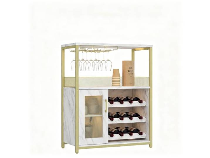 Koioplie Barschrank Weinregal Gold Schublade Industrial Glashalter, Abnehmbares Regal, Gittertür, Getränkebereich, Beleuchtung