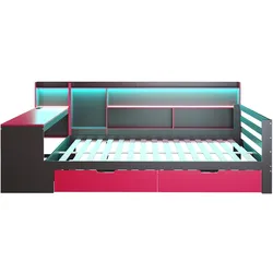 STILVORA Schlafsofa aus Holz, Schwarz/Rot, 140x200 cm, mit Schreibtisch, Stauraum und LED-Beleuchtung