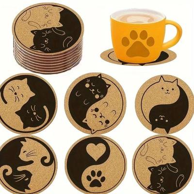 Uplifted Goods Wooden Cat Pattern Coaster Set Six Piece Insulation Mats For Cups b