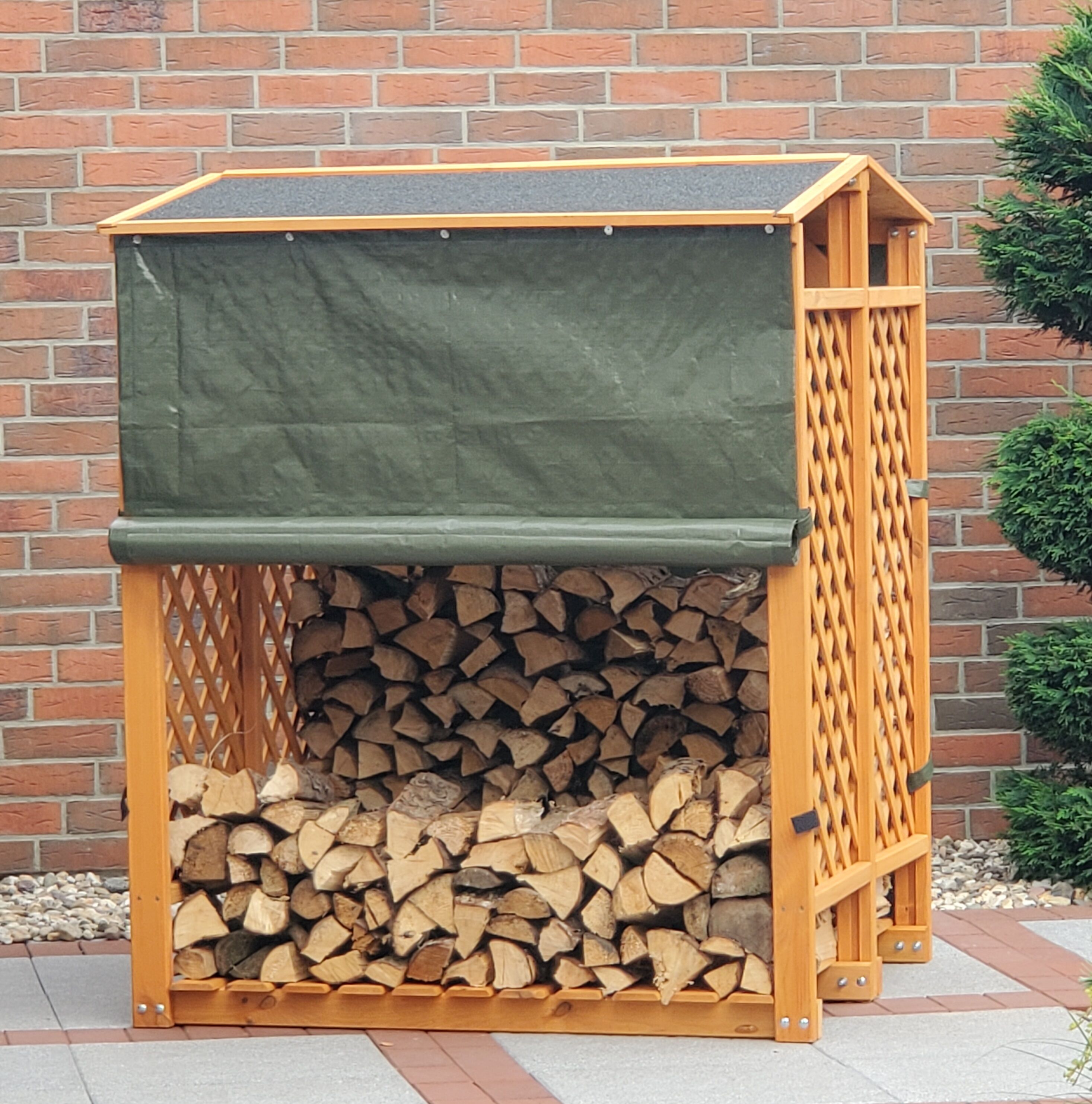 Kaminholzregal PROMADINO, braun, B:120cm H:148cm T:118cm, Holzwerkstoff, Kaminholzlager, Kaminholzregal, mit Wetterschutz braun B/H/T: 120cm x 148cm x 118cm