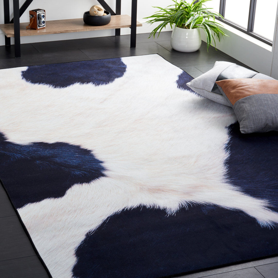 Latitude Run Faux Hide Atze Machine Washable Area Rug In Ivory & Blue Blue Rectangle 243.84 x 304.8cm
