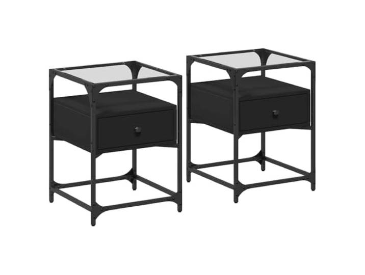 Fisinber Nachttisch 2er Set Schwarz 40x40x55 cm mit Glasplatte Modernes Beistelltisch Doppelpack für Schlafzimmer und Wohnzimmer. Bietet stilvolle Ablagefläche und praktische Ordnung.