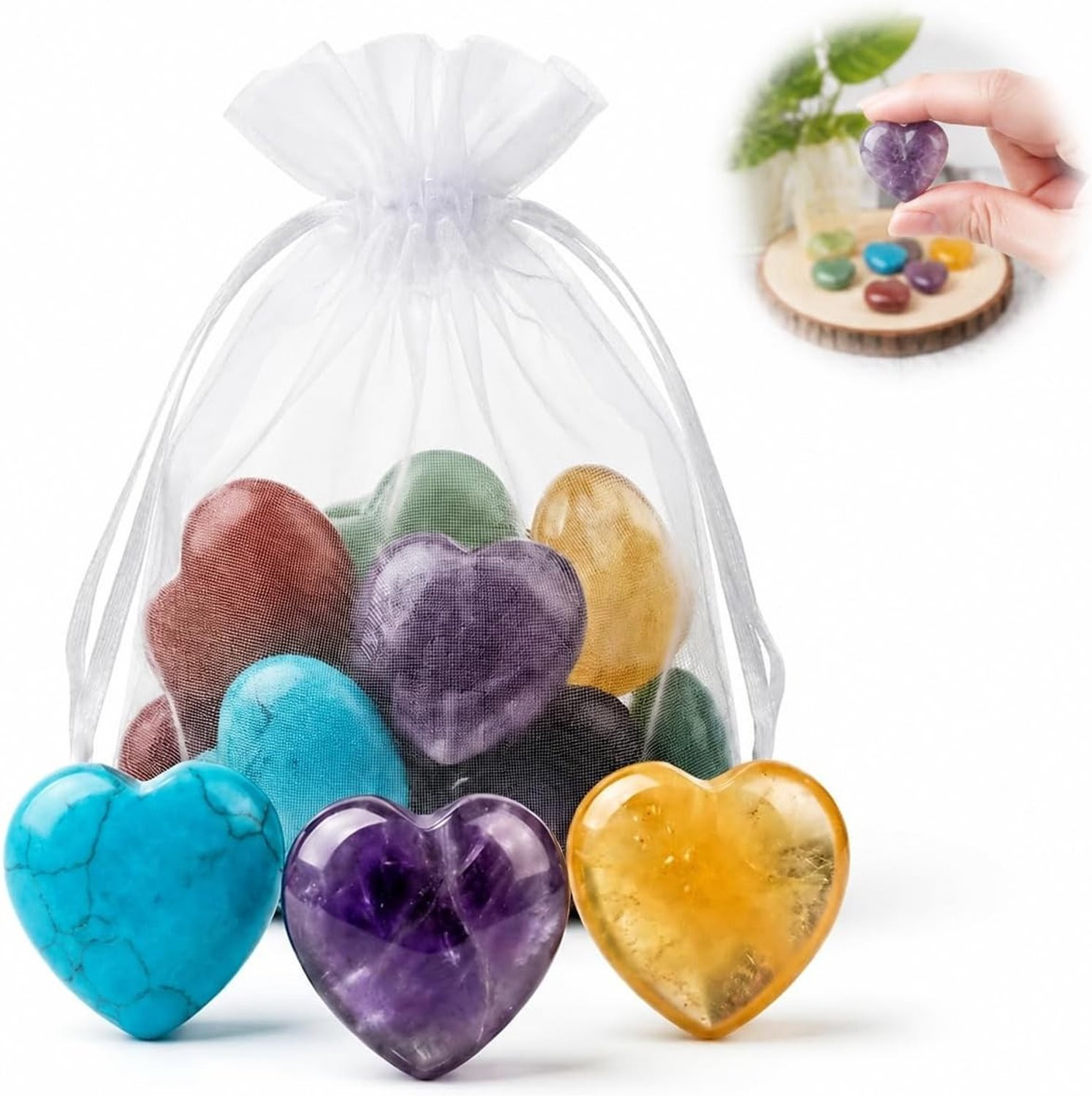 12 Natuurlijke Hart Edelstenen in 2 Maten met Witte Organza Zakjes voor Decoratie en Geschenken