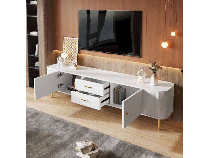 Meuble TV - Contemporain - Blanc - 2 tiroirs - Poignées dorées