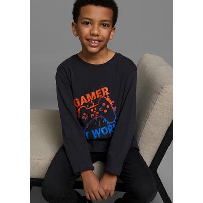 Langarmshirt KIDSWORLD "GAMER AT WORK", Jungen, Gr. 152/158, grau (anthrazit), Jersey, Obermaterial: 100% Baumwolle, bedruckt, Basic, Rundhals, Shirts Langarmshirt, langärmlig, aus Baumwolle, aus Jerseystoff