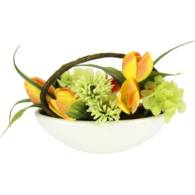 Gestecke OTTO HOME "Tulpe, Calla, Hortensie, Gerbera", gelb (gelb, orange), B:23cm H:16cm L:10cm, Kunstpflanzen, In Schale, Kunstblume, Seidenblume