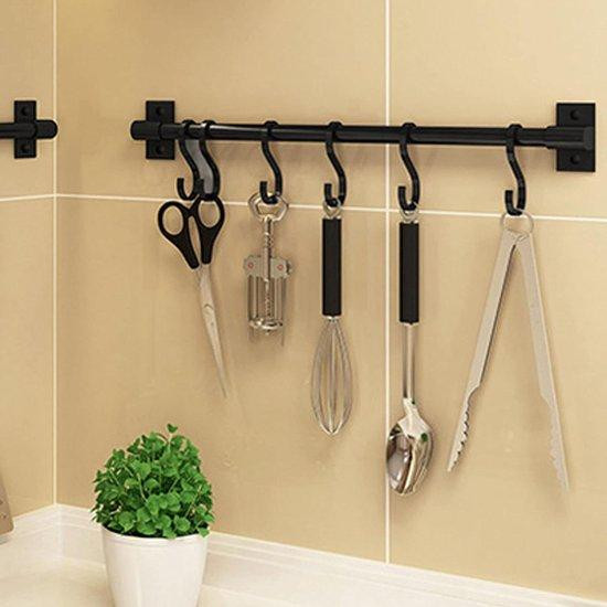 Nordic Minimalisme Keukenstrip Pure Black - Zwart - Aluminium Keukenrail met 8 Haken voor Keukengerei