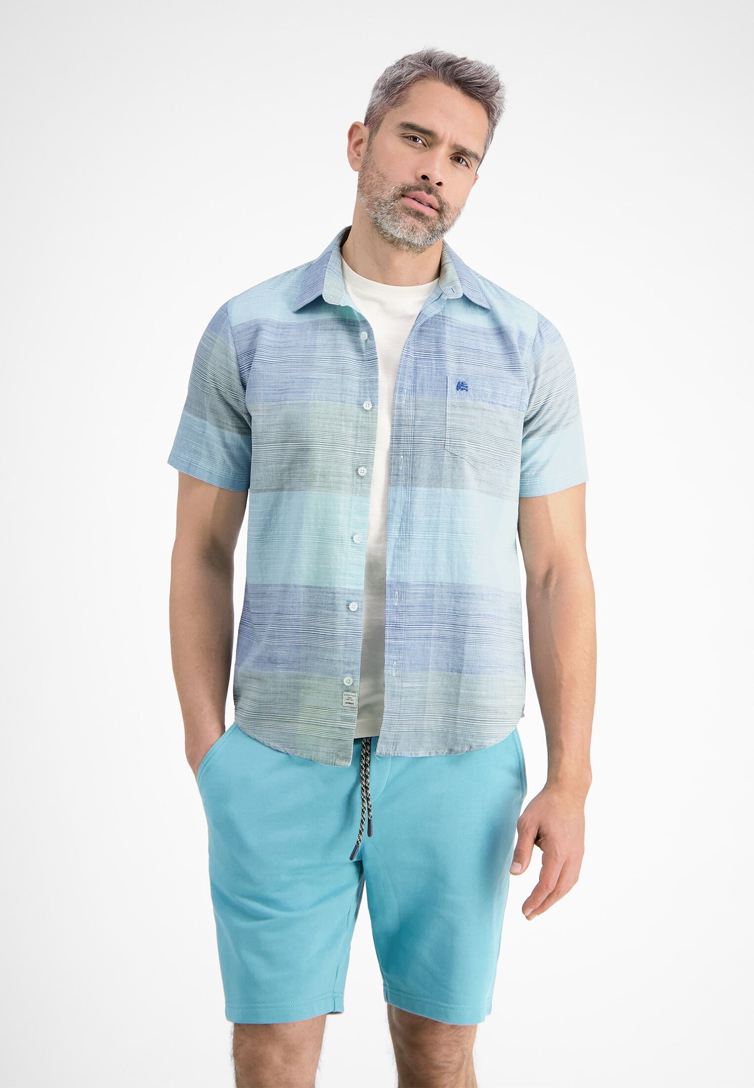 Kurzarmhemd LERROS "Kurzarmhemd *Slub Karo*", Herren, Gr. M, Normalgrössen, blau (tinted aqua), 100% Baumwolle, Hemden Kurzarmhemd tinted aqua M, Normalgrössen