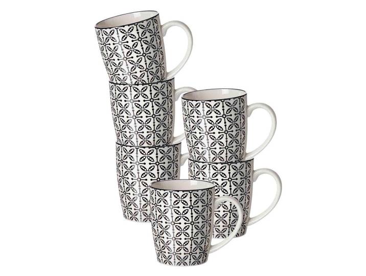 Ritzenhoff Breker Henkelbecher Takeo Leaves schwarz-weiß 350 ml 6er Set, Schwarz, Weiß, Keramik, Geschirr, Tassen, Kaffeebecher