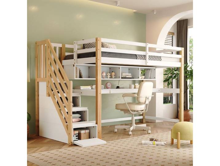 Lit mezzanine enfant - GENERIQUE - 90x200 bois massif - Bureau intégré - Escalier rangement - Blanc/Chêne