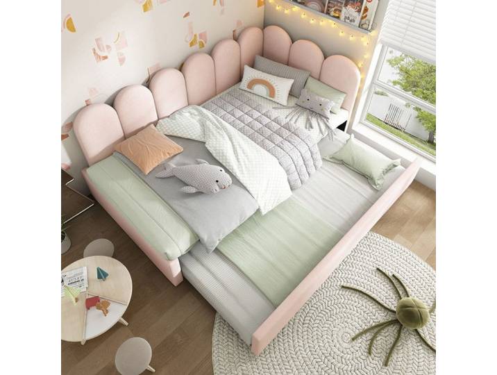 Lit rembourré 90x200cm lit de jour canapé-lit avec lit gigogne 90x190cm lit bébé avec sommier à lattes velours rose sans matelas