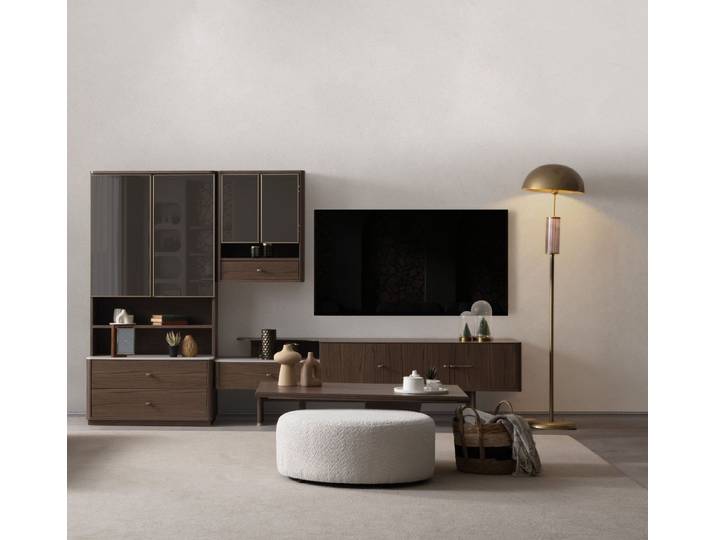 Xlmoebel Lowboard Braune TV-Garnitur mit stilvollem Bücherregal und Tisch (TV-Garnitur, TV-Garnitur: Lowboard, Bücherregal, Couchtisch), Made in Europa