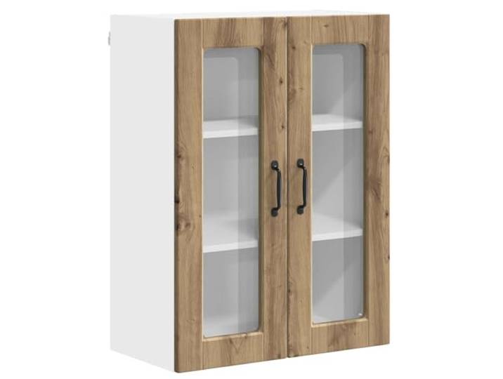 Porto Wandschrank aus Glas und Holz, 60 x 31 x 80 cm Handwerkliches Eichen-Finish, für den Innenbereich, vertikale Aufbewahrung, mehrere Fächer, geräumige Regale
