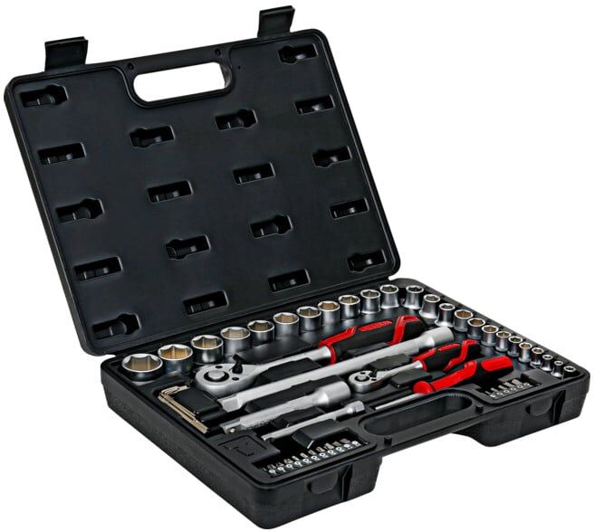 Jeu de 54 clés à douilles 1/4'' + 1/2'' STIER, douilles hexagonales de 5 - 27mm, Phillips, Torx, jeu de douilles (904413)