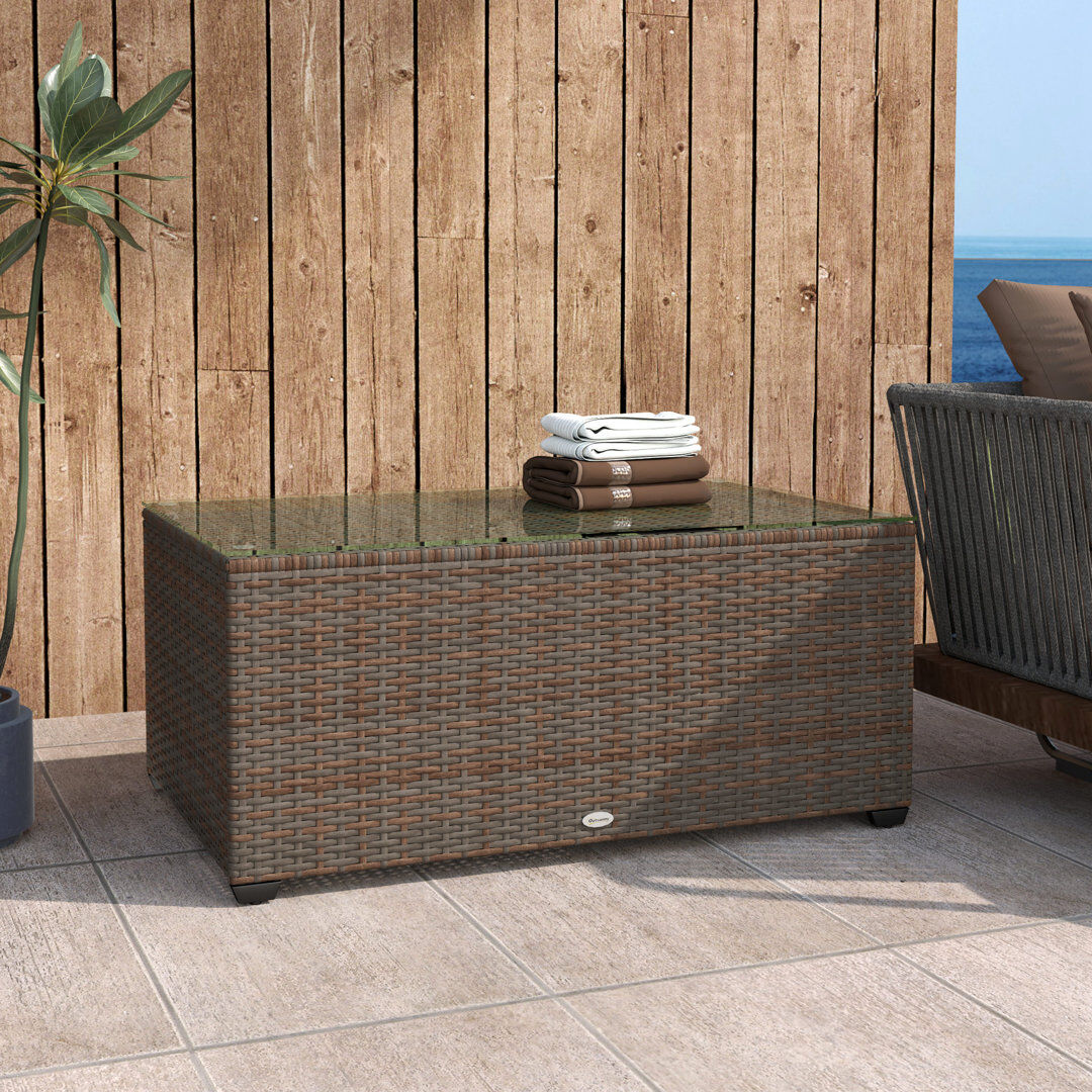 Ebern Designs Outsunny Outdoor Coffee Table Tempered Glass Top 90 x 50 x 38cm Brown Brown