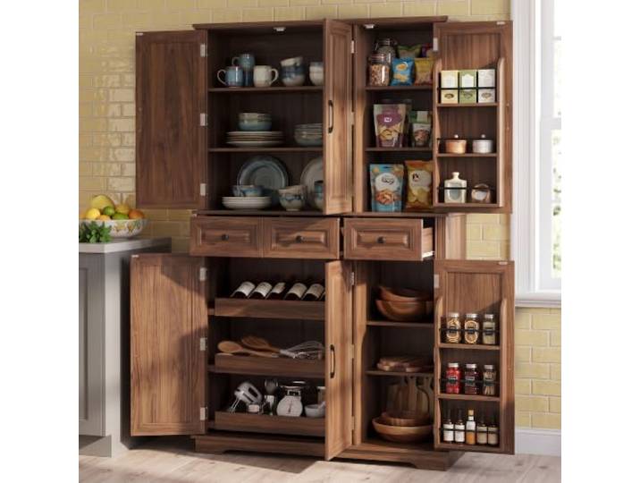twwhyg Moderner großer Küchenschrank mit 6 Türen, Holzschrank(Walnut+Brown)
