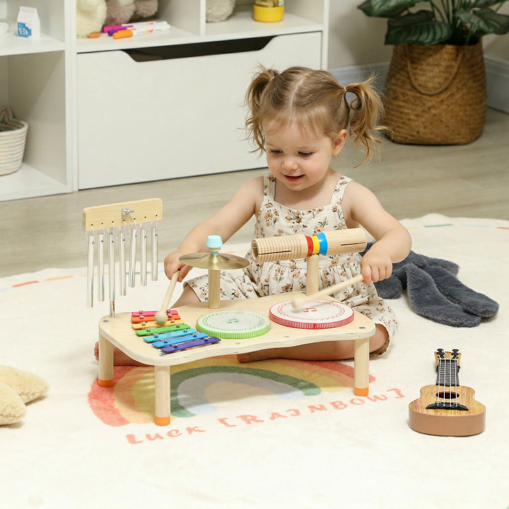 Aiyaplay Strumenti Musicali per Bambini in Legno con Tamburo e Xilofono Doppia, 40x24x29 cm, Legno naturale   Aosom Italy